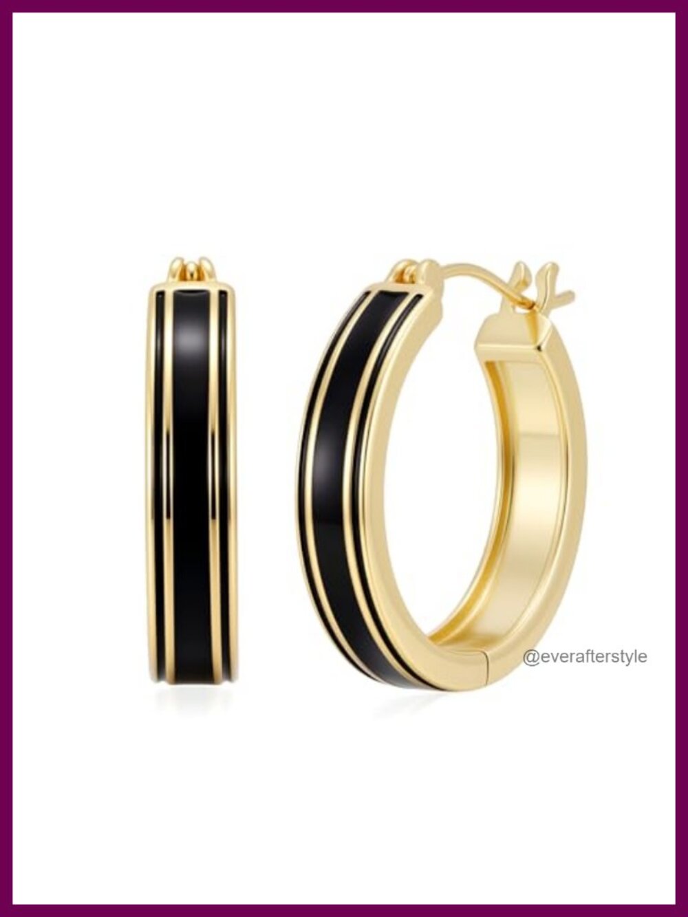 14K Gold Plated Hoop Earrings Black Enamel Cubic Zirconia Hypoallergenic 25mm